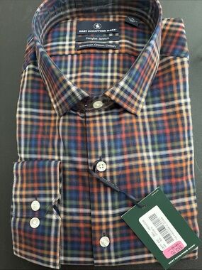 Hart Schaffner Marx Navy, Orange & Green Plaid Cotton Button-Down Shirt